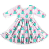 Pink Tree Long Sleeve Twirl Dress
